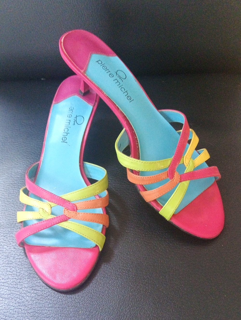 6.5B Pierre Michel Pink Multicolor Leather Strappy Heels